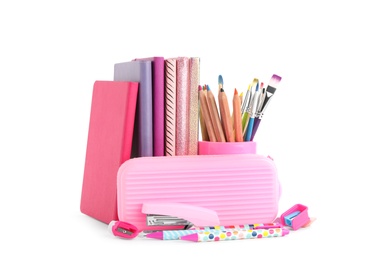 Photo of Set of colorful school stationery on white background