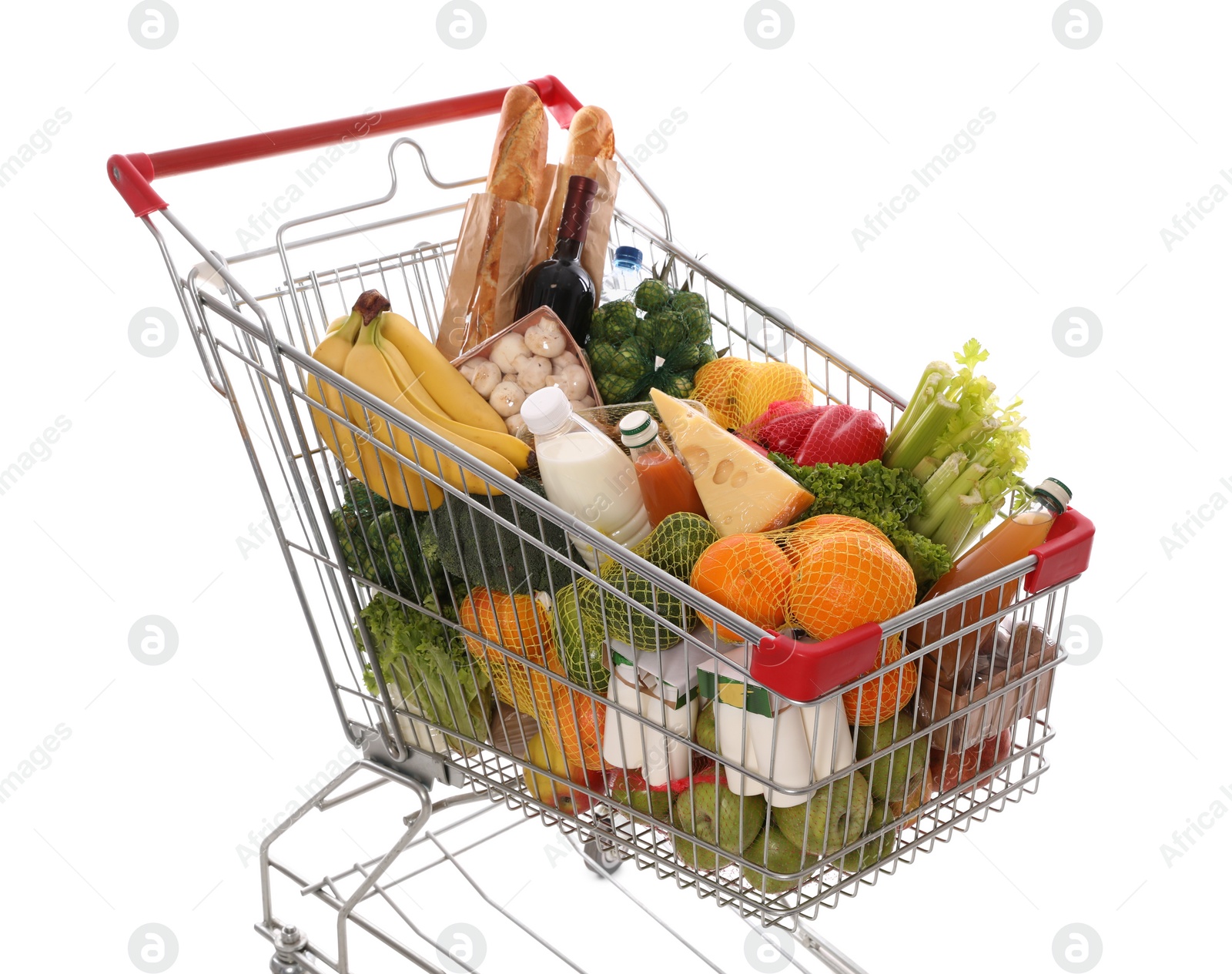 Photo of Shopping cart full of groceries on white background