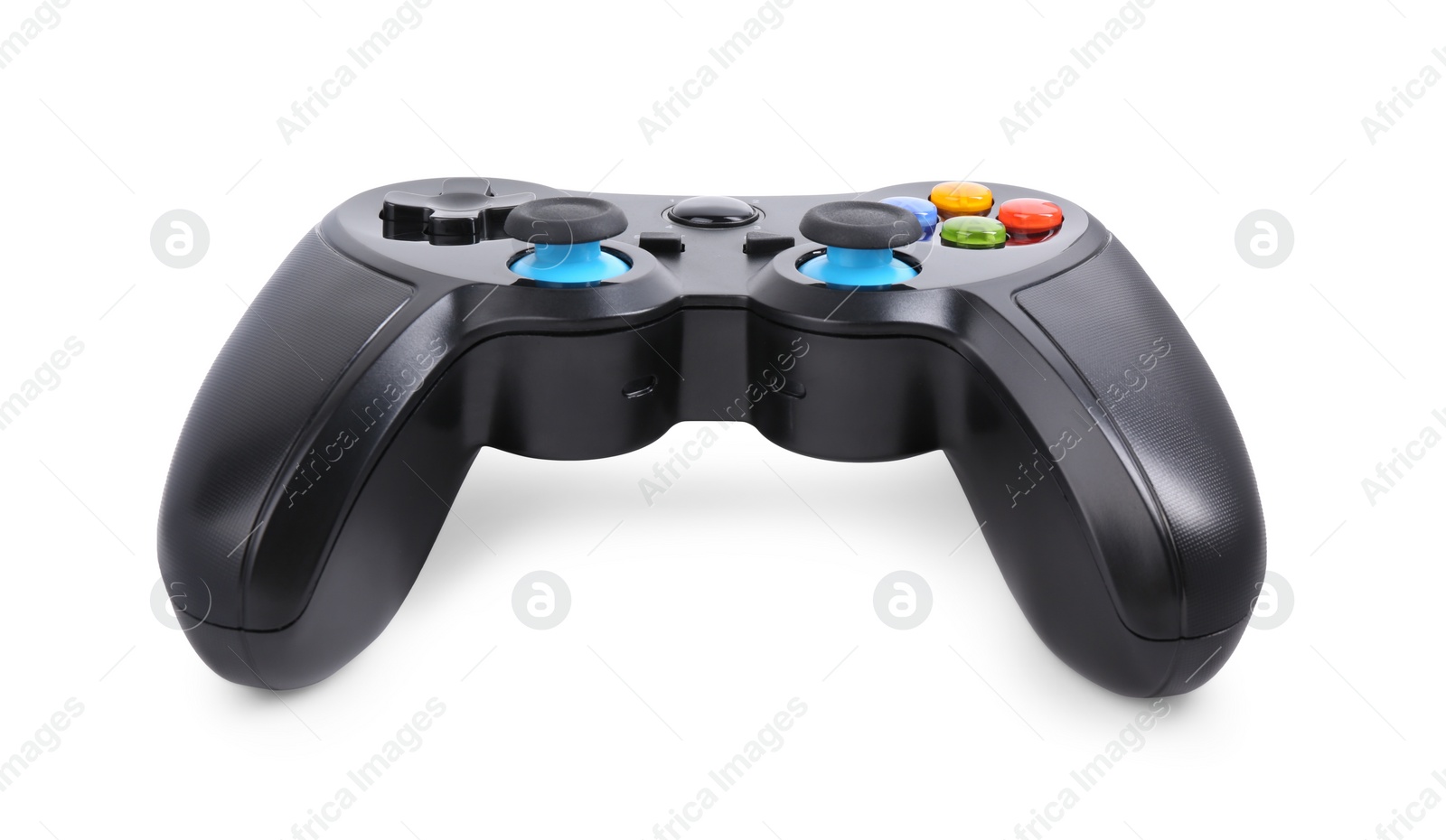 Photo of Black wireless controller on white background. Video game device