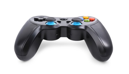 Photo of Black wireless controller on white background. Video game device