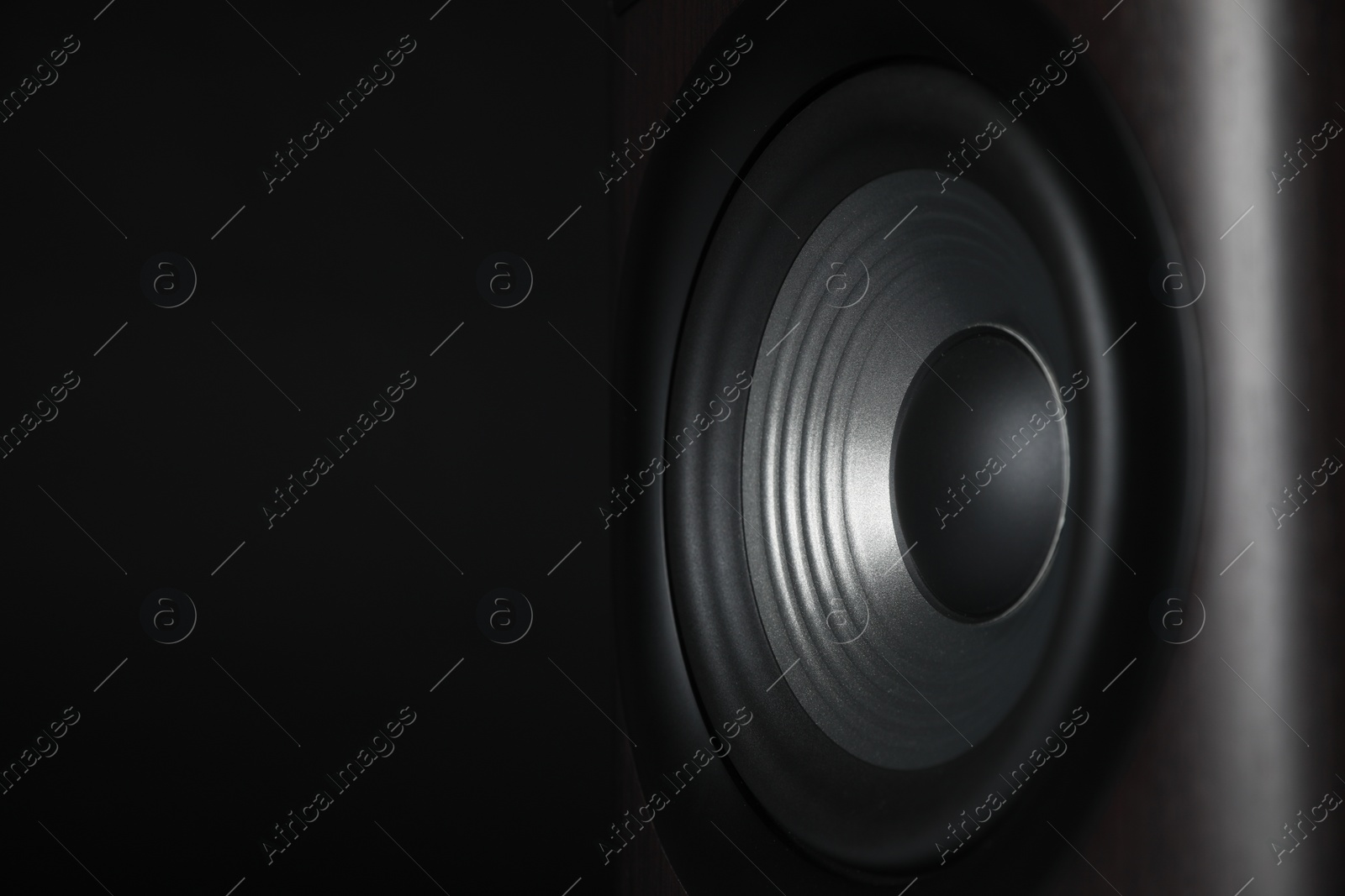 Photo of One sound speaker on black background, closeup. Space for text