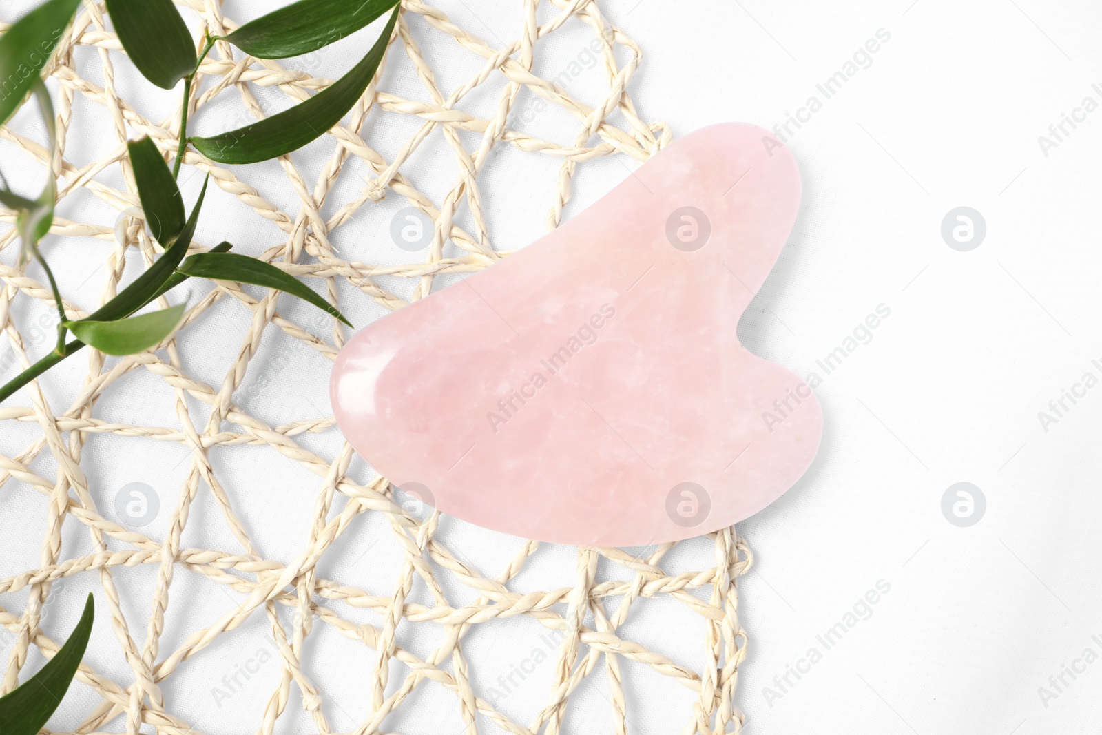 Photo of Rose quartz gua sha tool and green branch on white table, flat lay