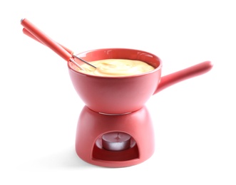 Pot with delicious cheese fondue and forks on white background