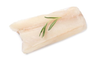 Photo of Piece of raw cod fish and rosemary isolated on white, top view