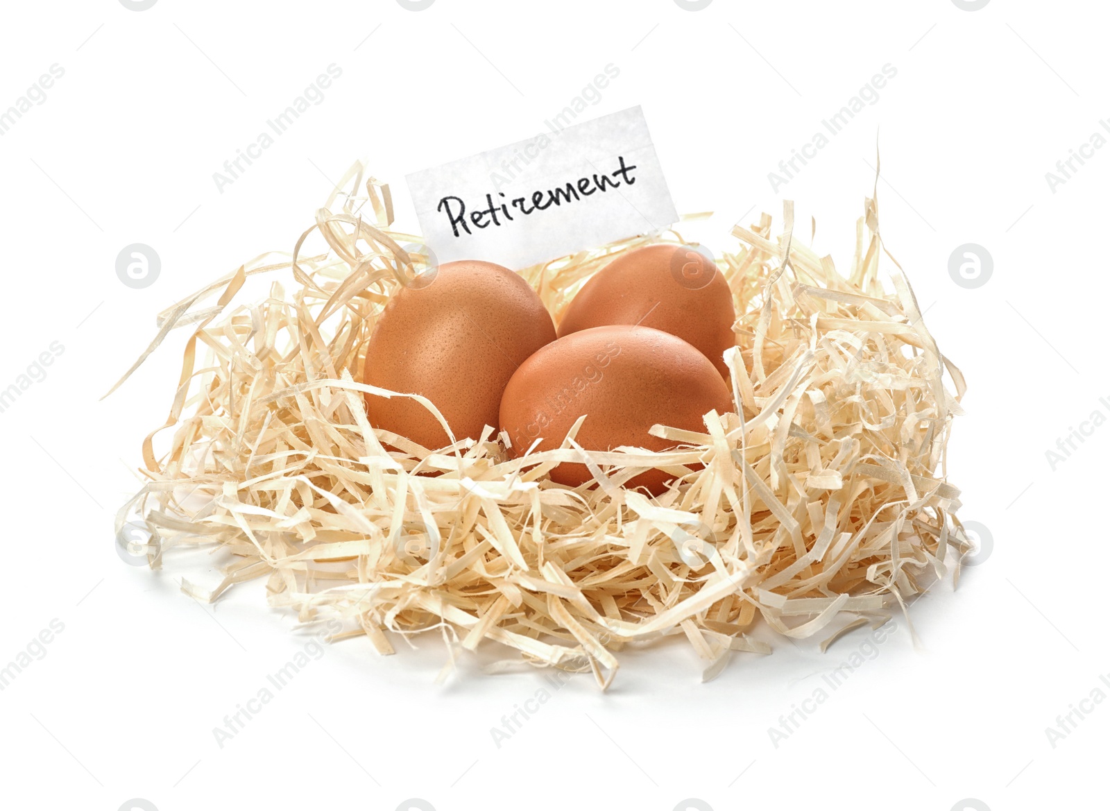 Photo of Eggs and card with word RETIREMENT in nest on white background. Pension concept