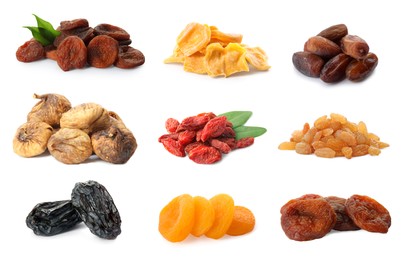 Set with different tasty dried fruits on white background
