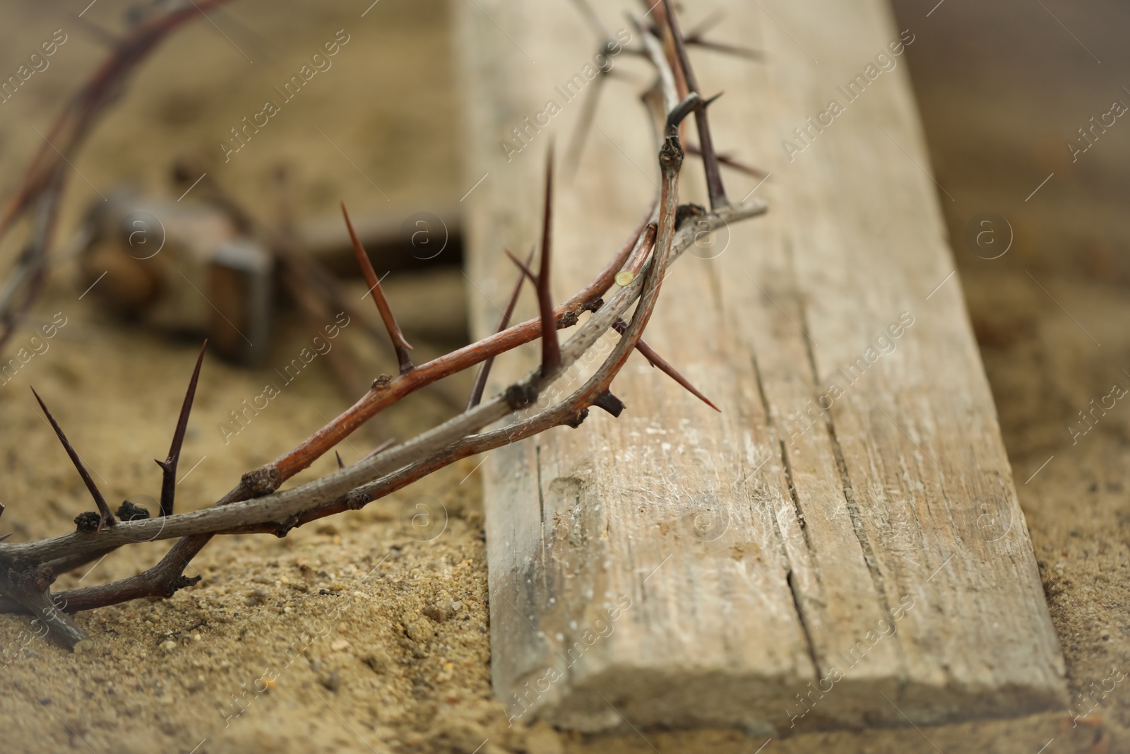 Photo of Crown of thorns and wooden plank on sand, closeup. Easter attribute