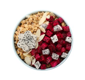 Bowl of granola with pitahaya and almond petals on white background, top view