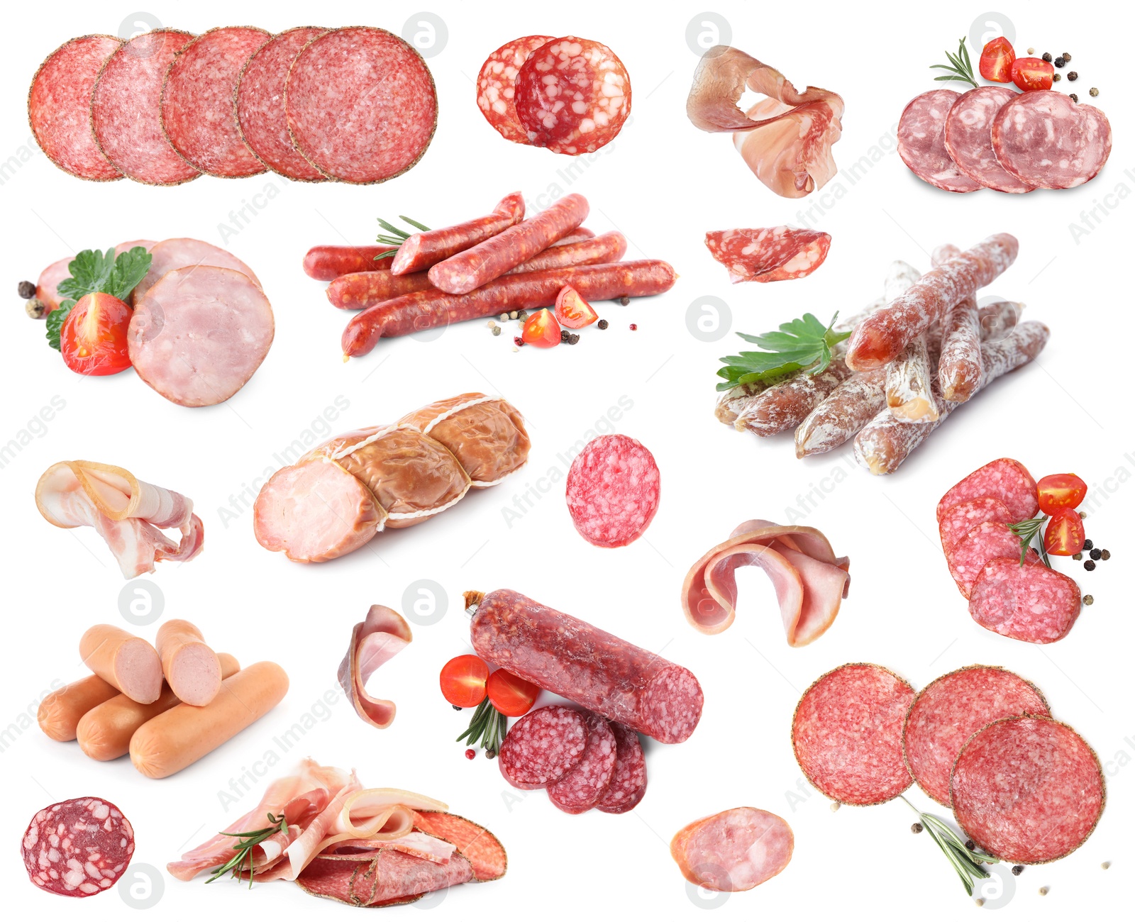 Image of Set with different tasty sausages on white background