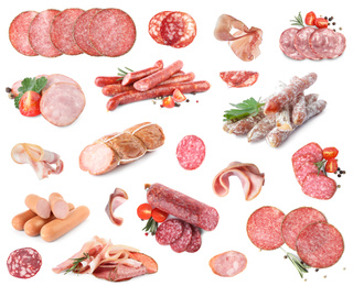 Set with different tasty sausages on white background