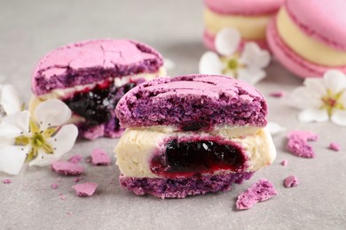 Halves of delicious violet macaron and flowers on light grey table, closeup