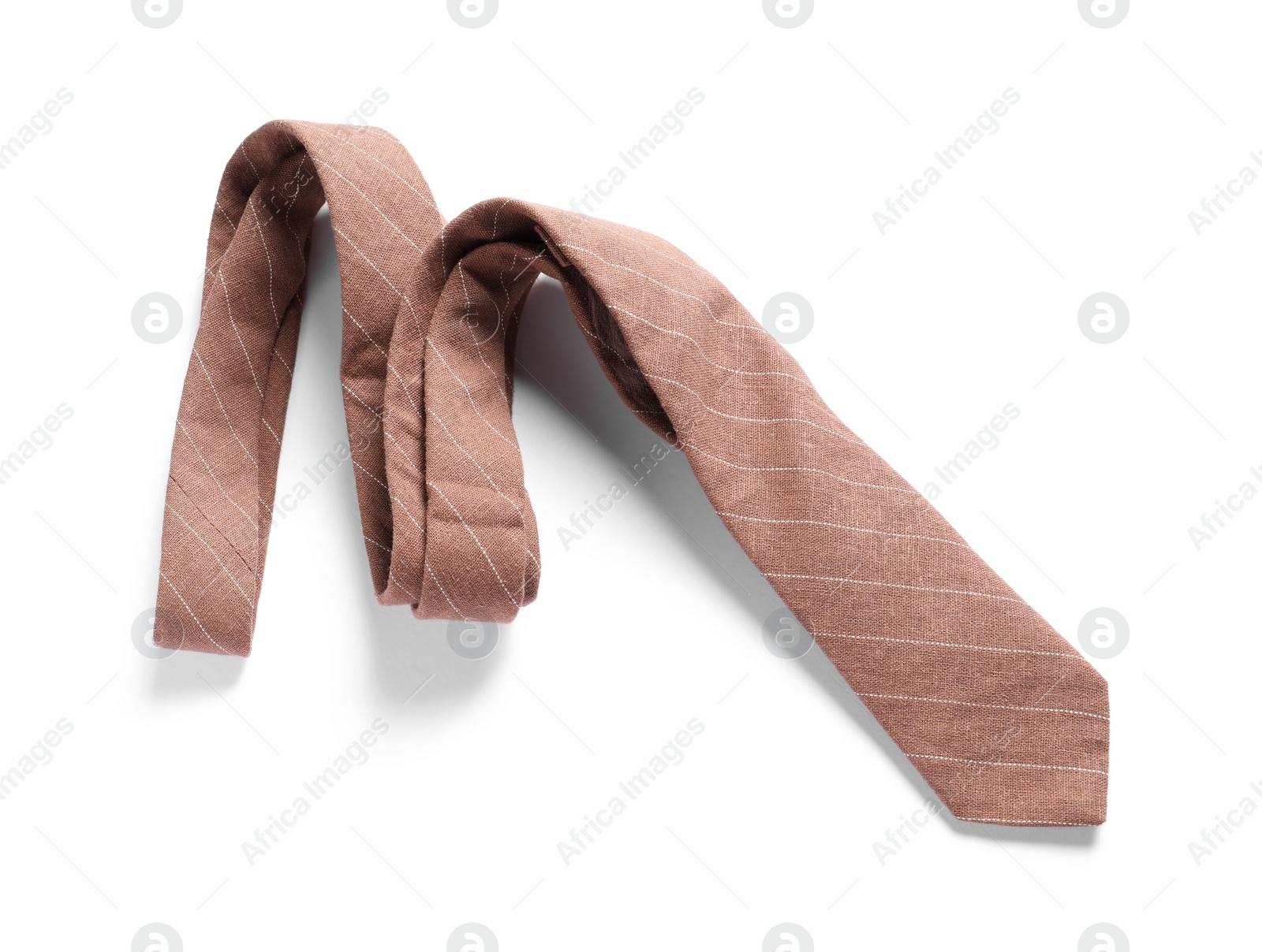 Photo of One striped necktie isolated on white, top view