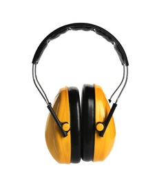Photo of Protective headphones on white background. Safety equipment