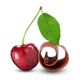 Fresh cherry and chocolate curl isolated on white