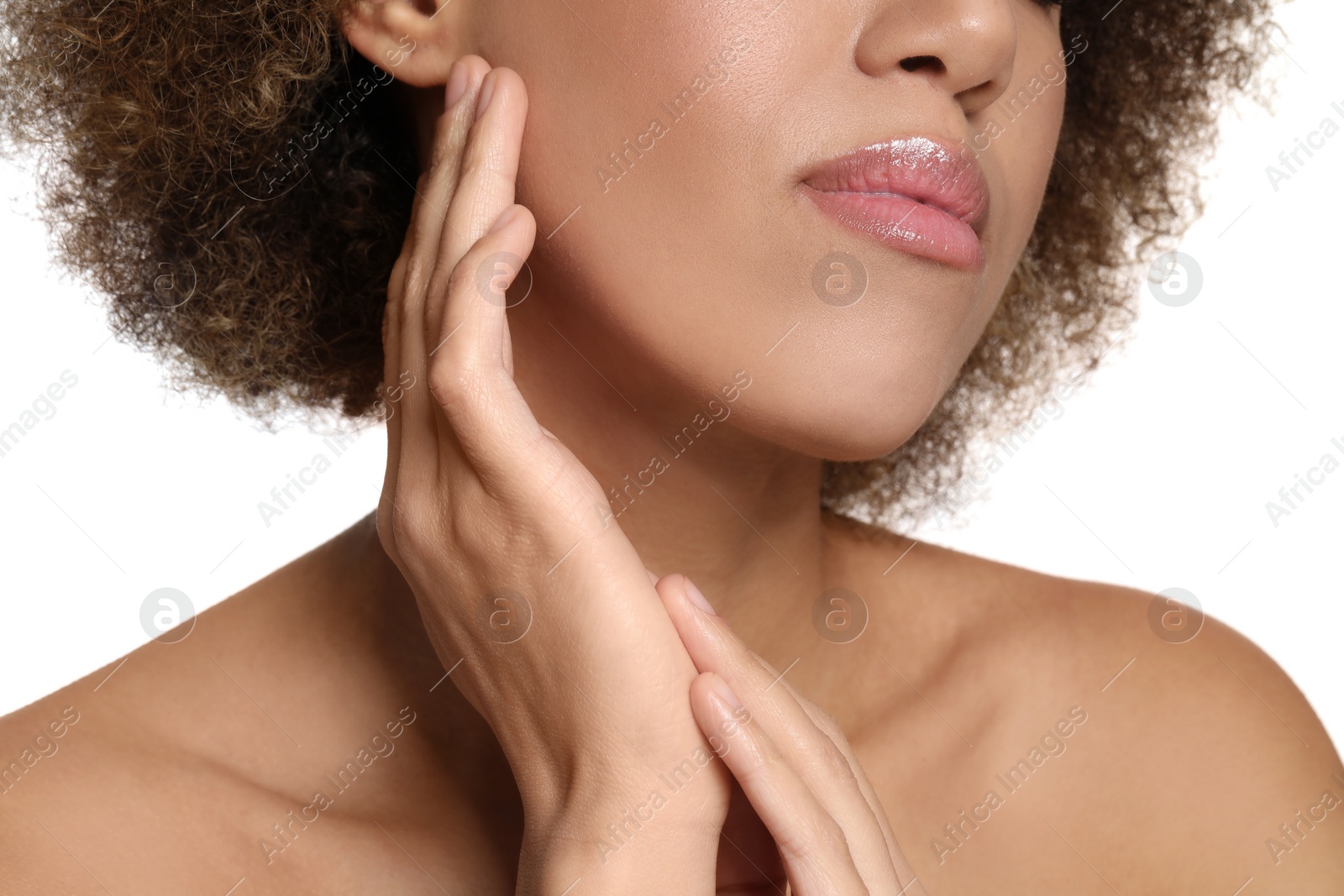 Photo of Beautiful woman with healthy skin on white background, closeup