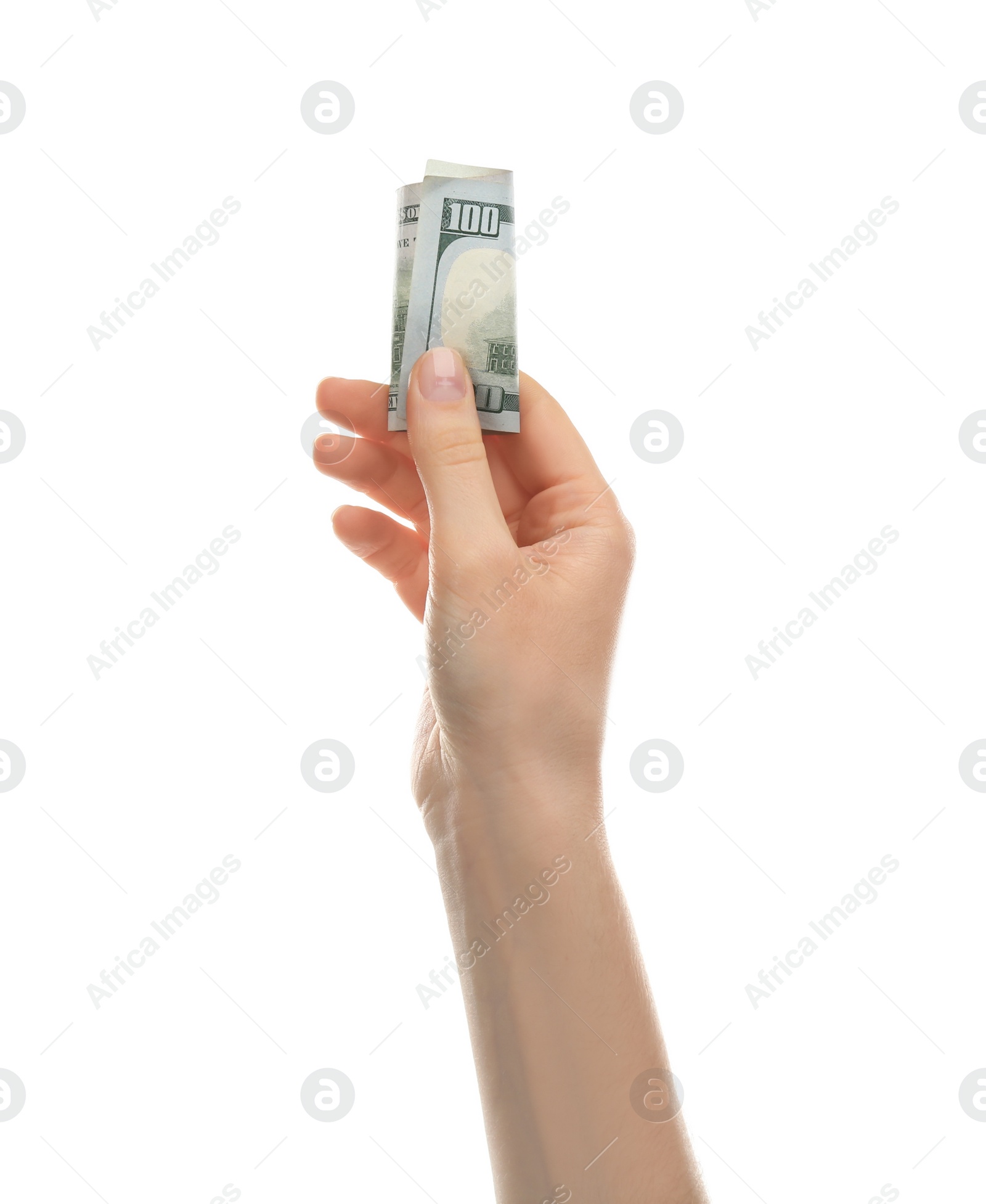 Photo of Woman with dollar banknote on white background, closeup. Money and finance