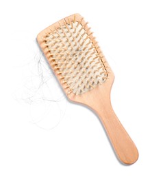 Photo of Wooden brush with lost hair isolated on white, top view