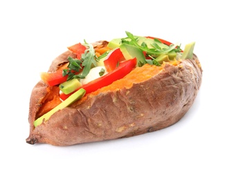 Delicious stuffed sweet potato on white background