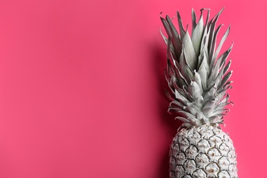 Top view of painted white pineapple on pink background, space for text. Creative concept