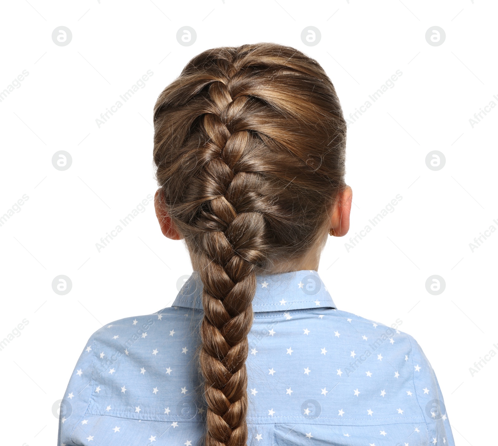 Photo of Little girl with braided hair on white background, back view