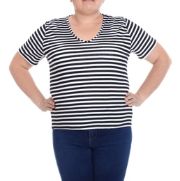 Photo of Overweight woman on white background, closeup. Weight loss