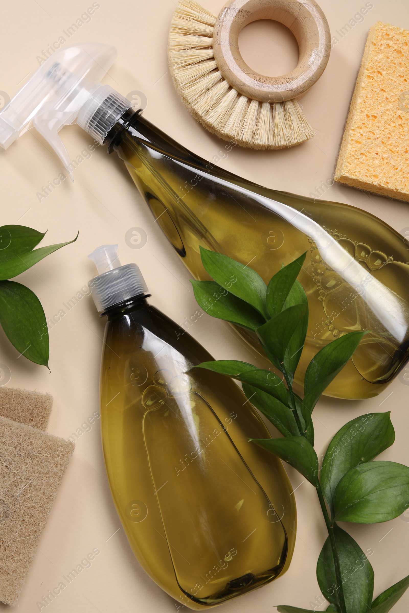 Photo of Bottles of cleaning product, brush, sponges and floral decor on beige background, flat lay