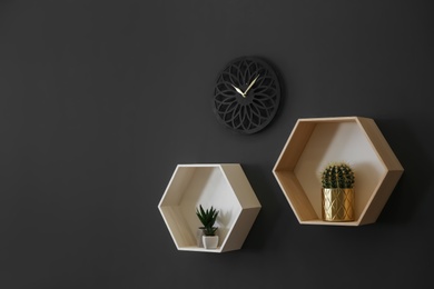 Photo of Clock and shelves with beautiful houseplants on black wall, space for text. Interior design