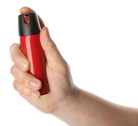 Photo of Man holding pepper spray on white background, closeup