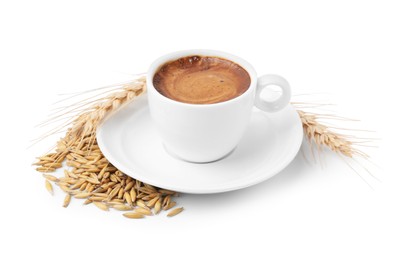 Cup of barley coffee, grains and spikes isolated on white