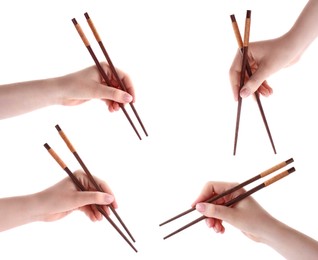 Image of Woman holding chopsticks isolated on white, closeup. Collage with photos