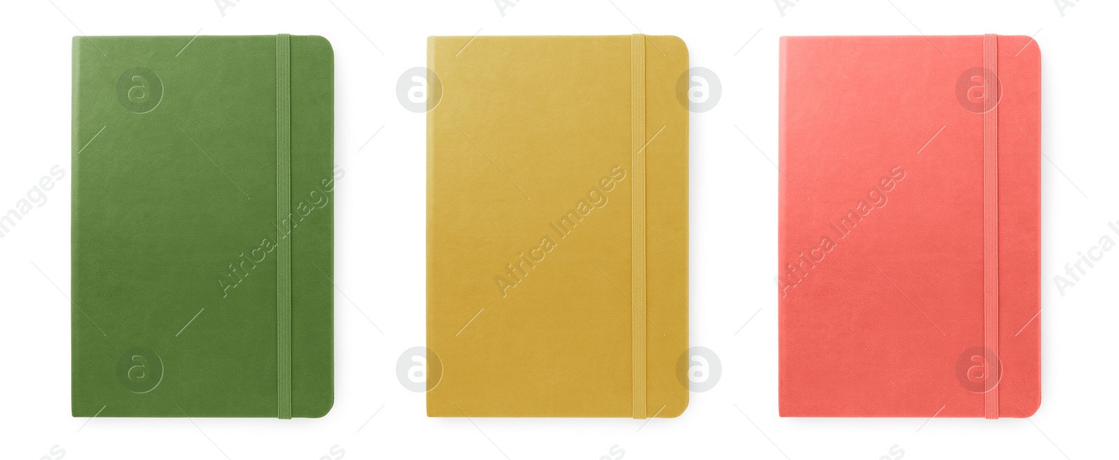 Image of Set with multicolor notebooks on white background, top view. Banner design