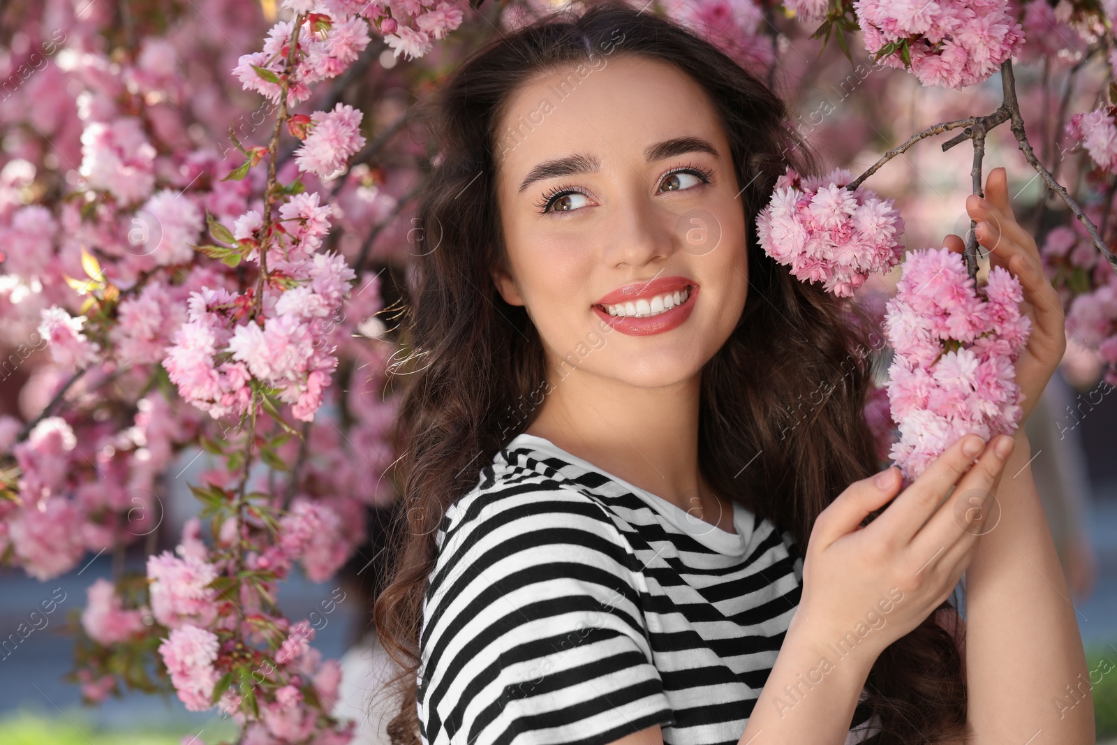 Photo of Beautiful woman near blossoming sakura tree on spring day