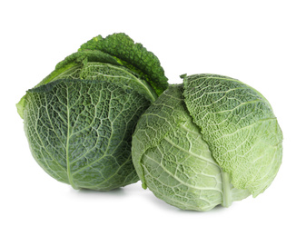 Photo of Fresh ripe savoy cabbages isolated on white