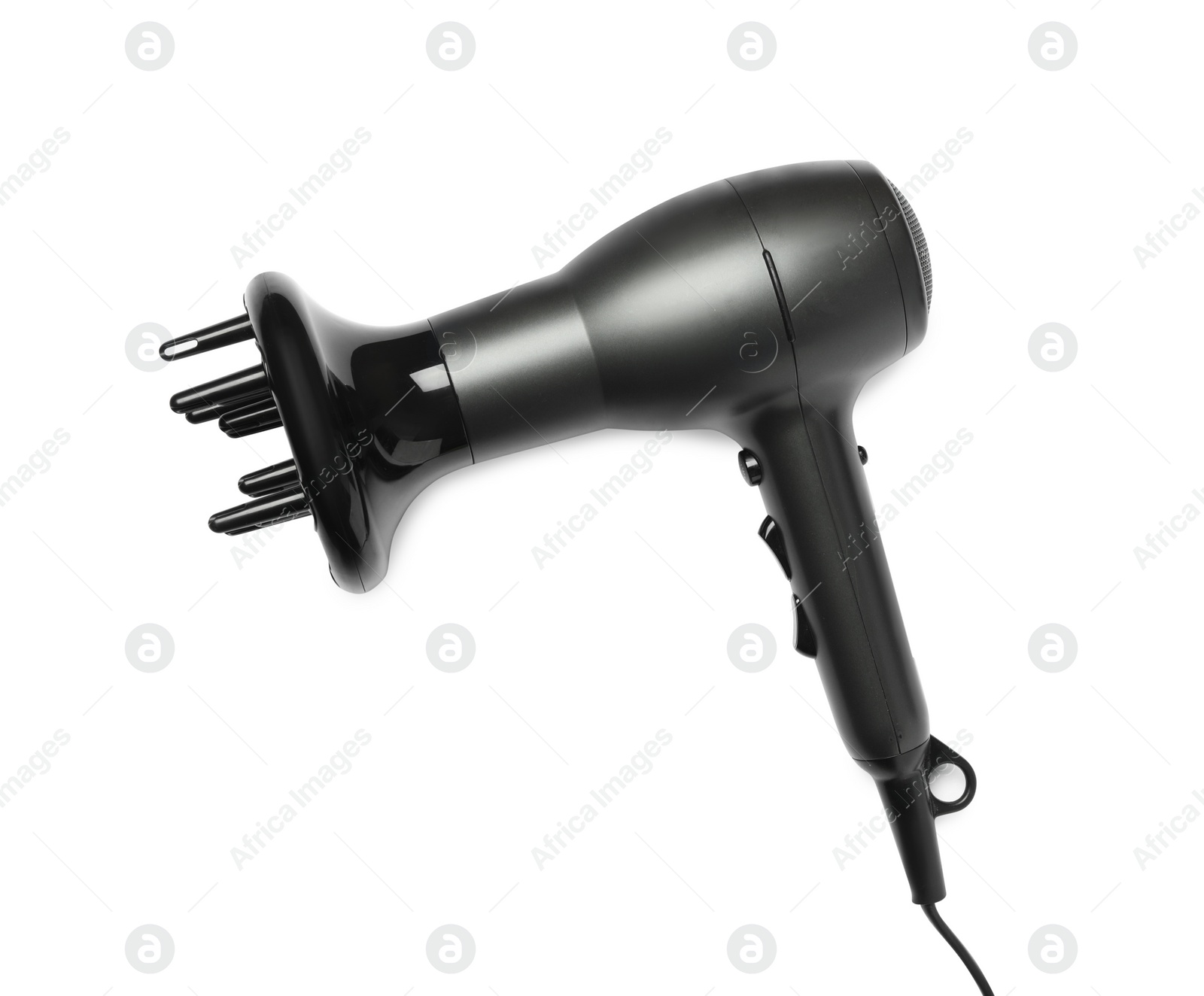 Photo of Modern hair dryer on white background, top view