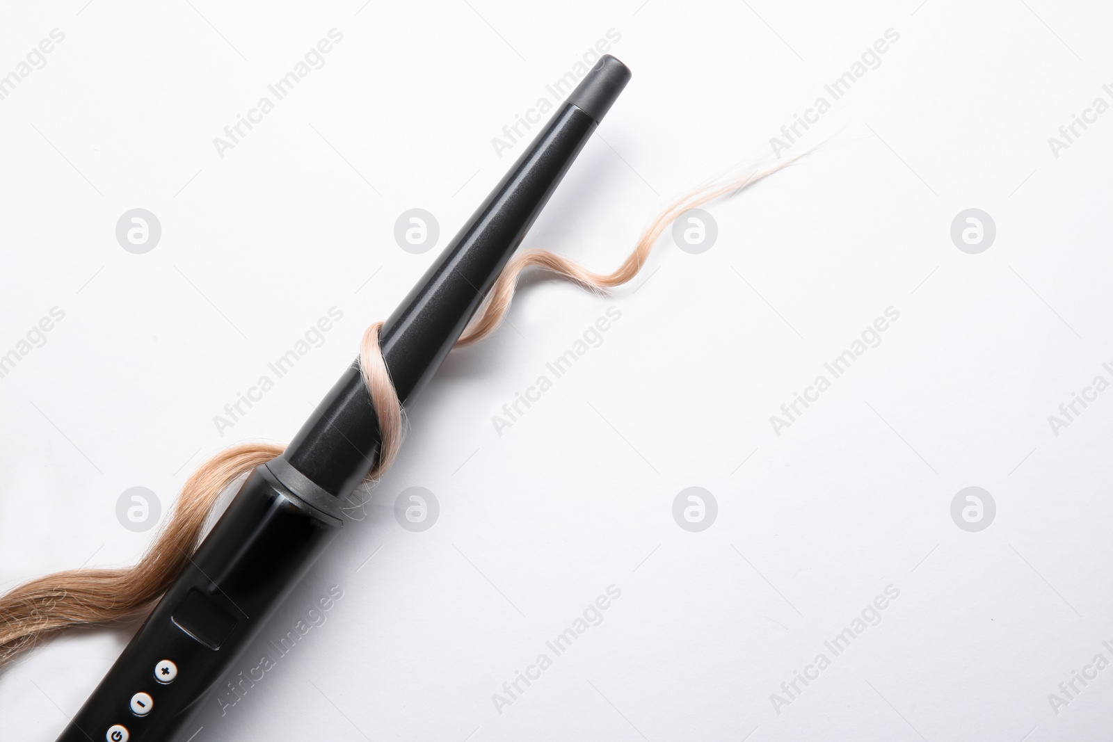 Photo of Modern clipless curling iron with blonde hair lock on white background