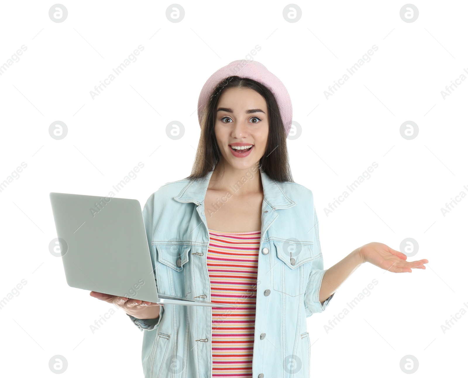 Photo of Portrait of young woman in casual outfit with laptop on white background