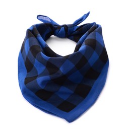 Photo of Tied blue bandana with check pattern isolated on white