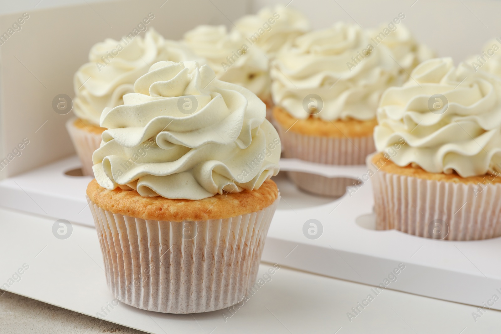 Photo of Tasty cupcakes with vanilla cream in box, closeup