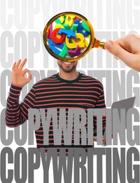 Woman showing plastic letters in copywriter's head using magnifying glass, closeup. Man with laptop showing Ok gesture
