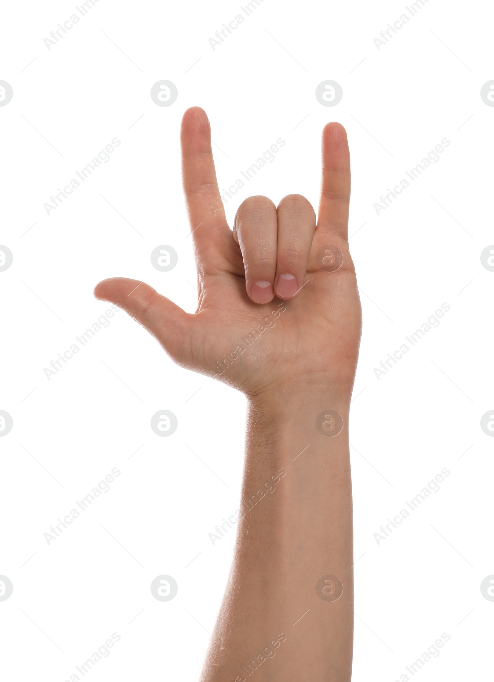 Photo of Man showing rock gesture against white background, closeup of hand