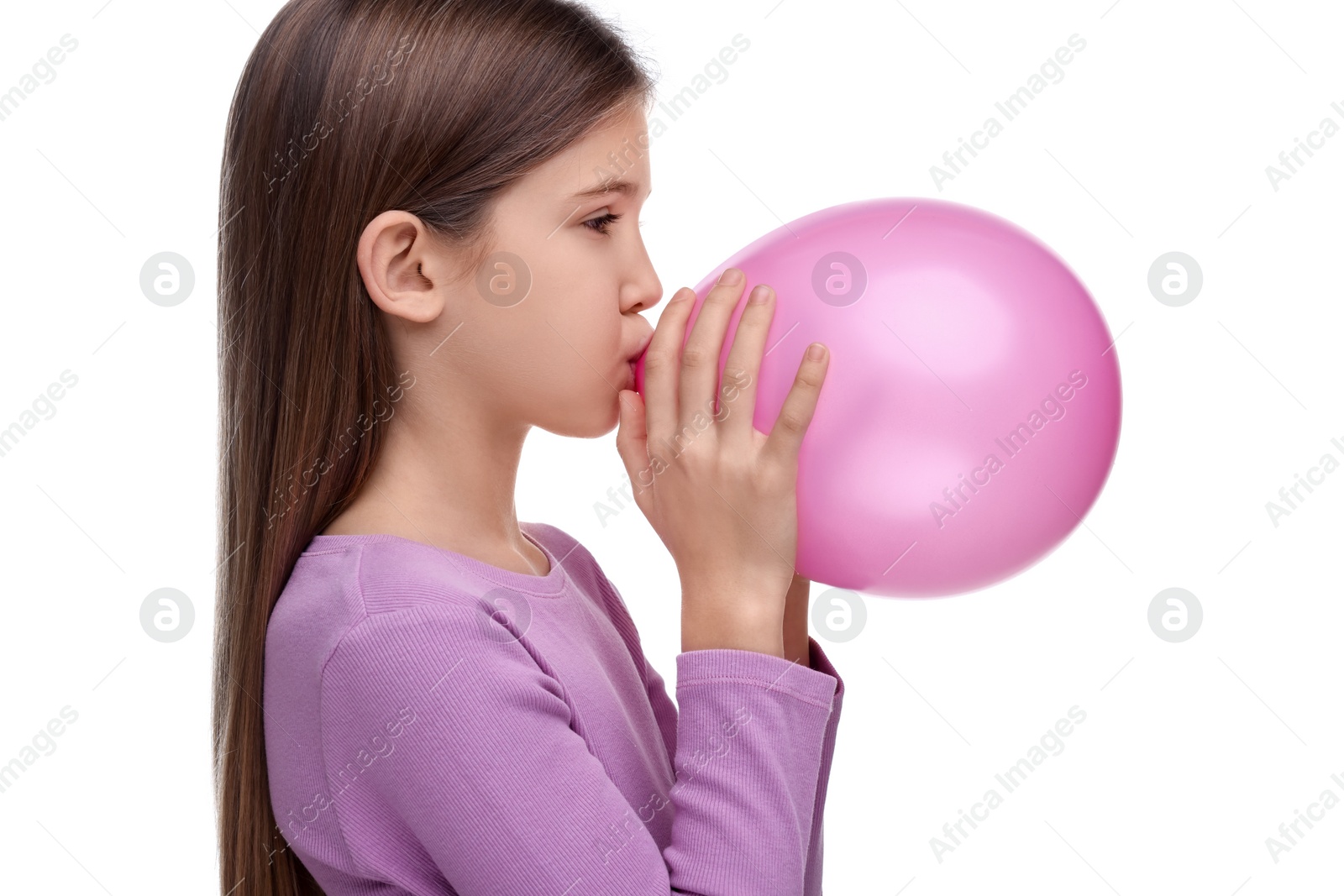 Photo of Girl inflating pink balloon on white background