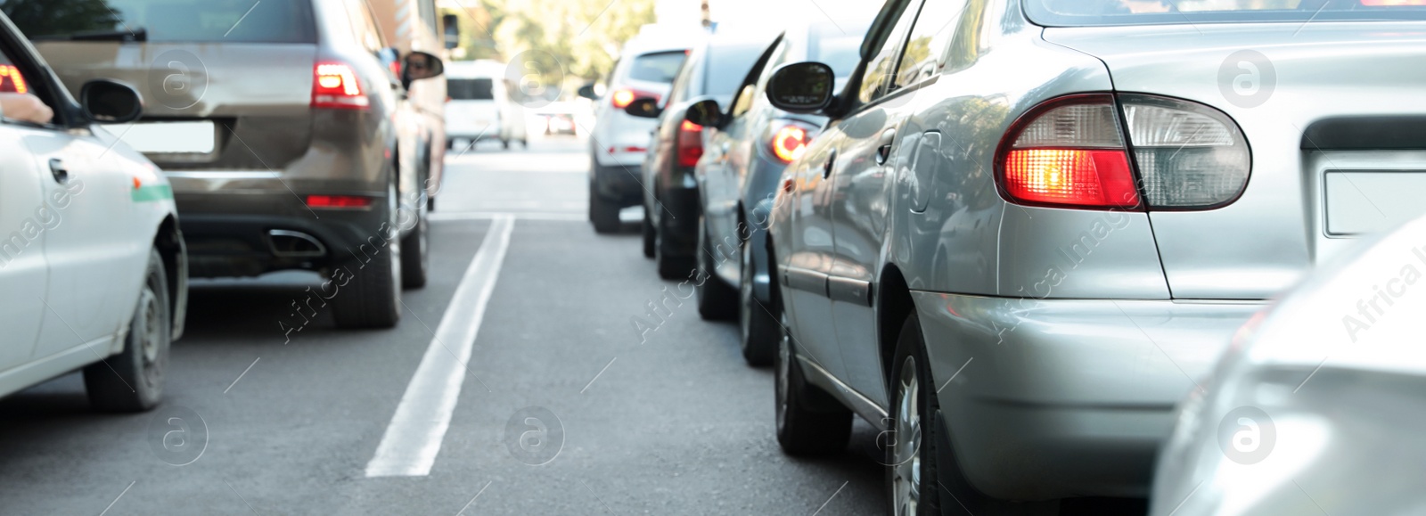 Image of Cars in traffic jam on city street. Banner design