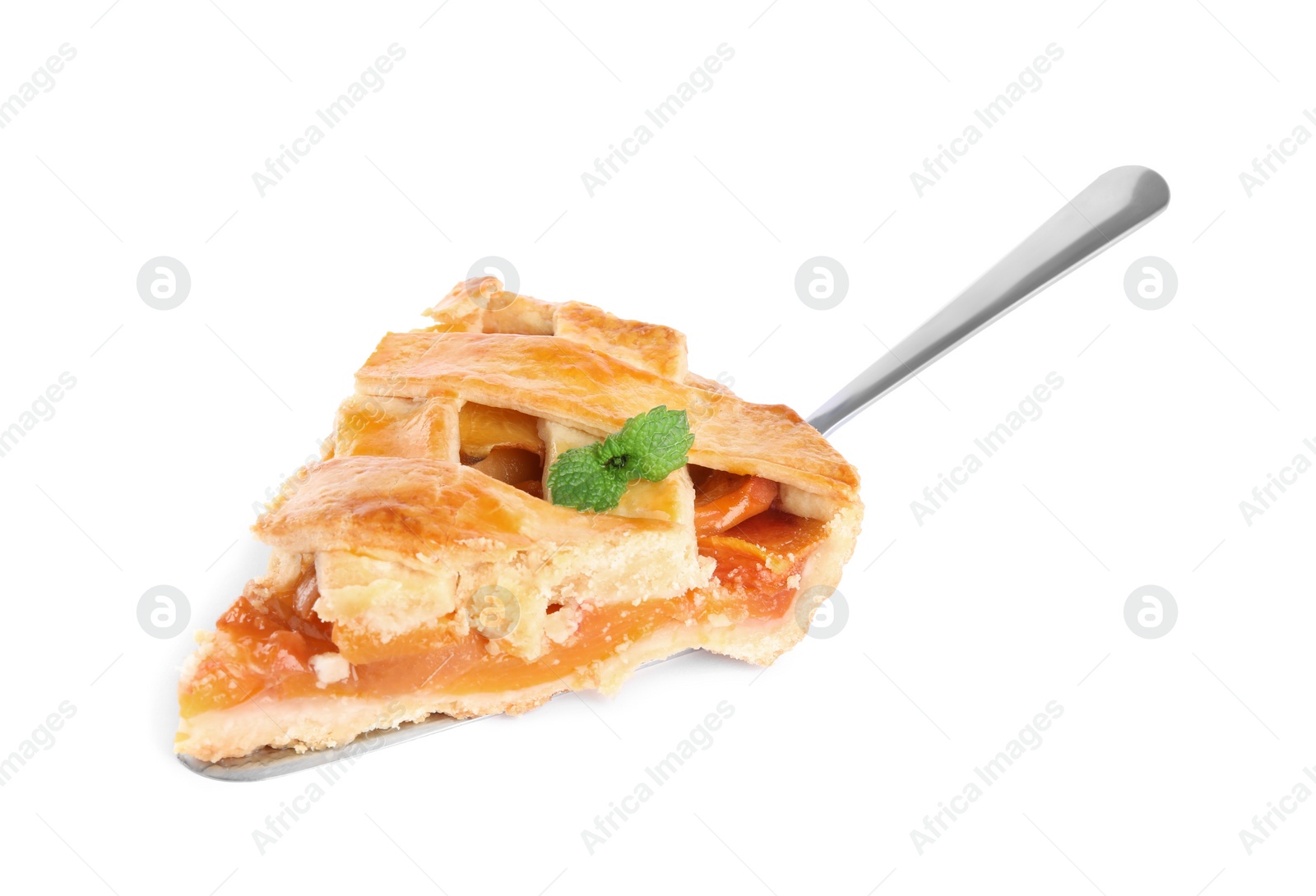 Photo of Slice of delicious fresh peach pie isolated on white