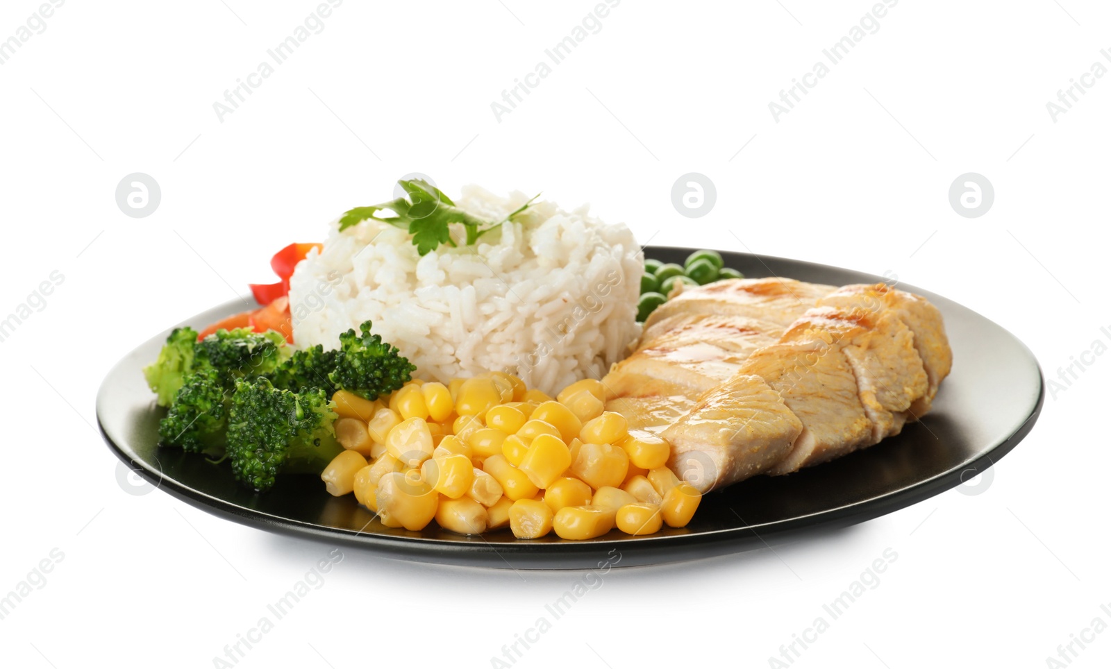 Photo of Plate with tasty rice, vegetables and meat on white background