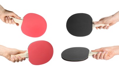 Image of Closeup view of women with ping pong rackets on white background, collage