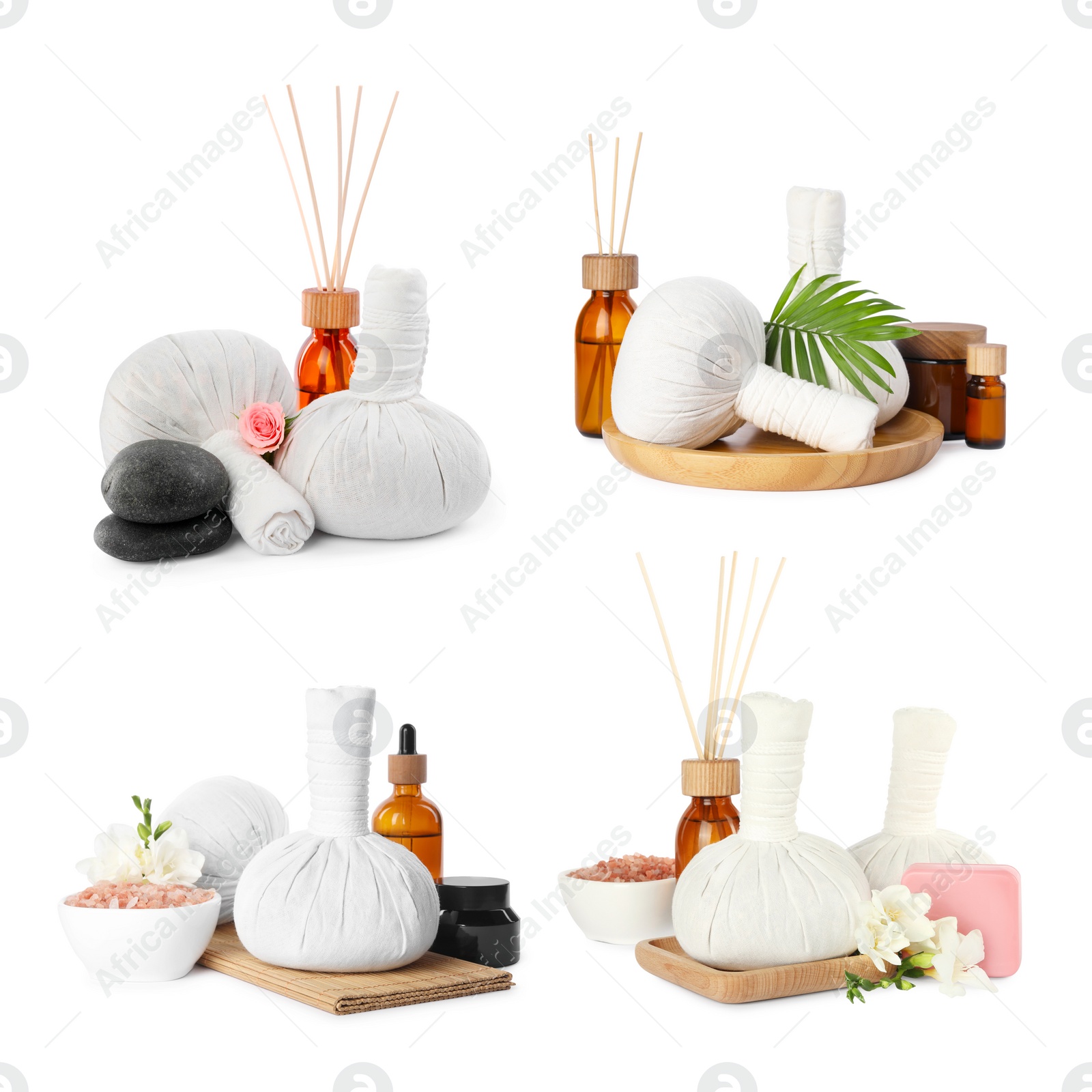 Image of Set with herbal massage bags and different spa supplies on white background