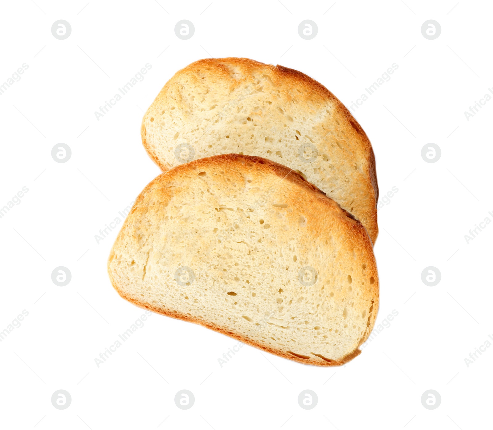 Photo of Slices of toasted wheat bread isolated on white, top view