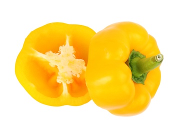 Photo of Halves of yellow bell pepper isolated on white, top view