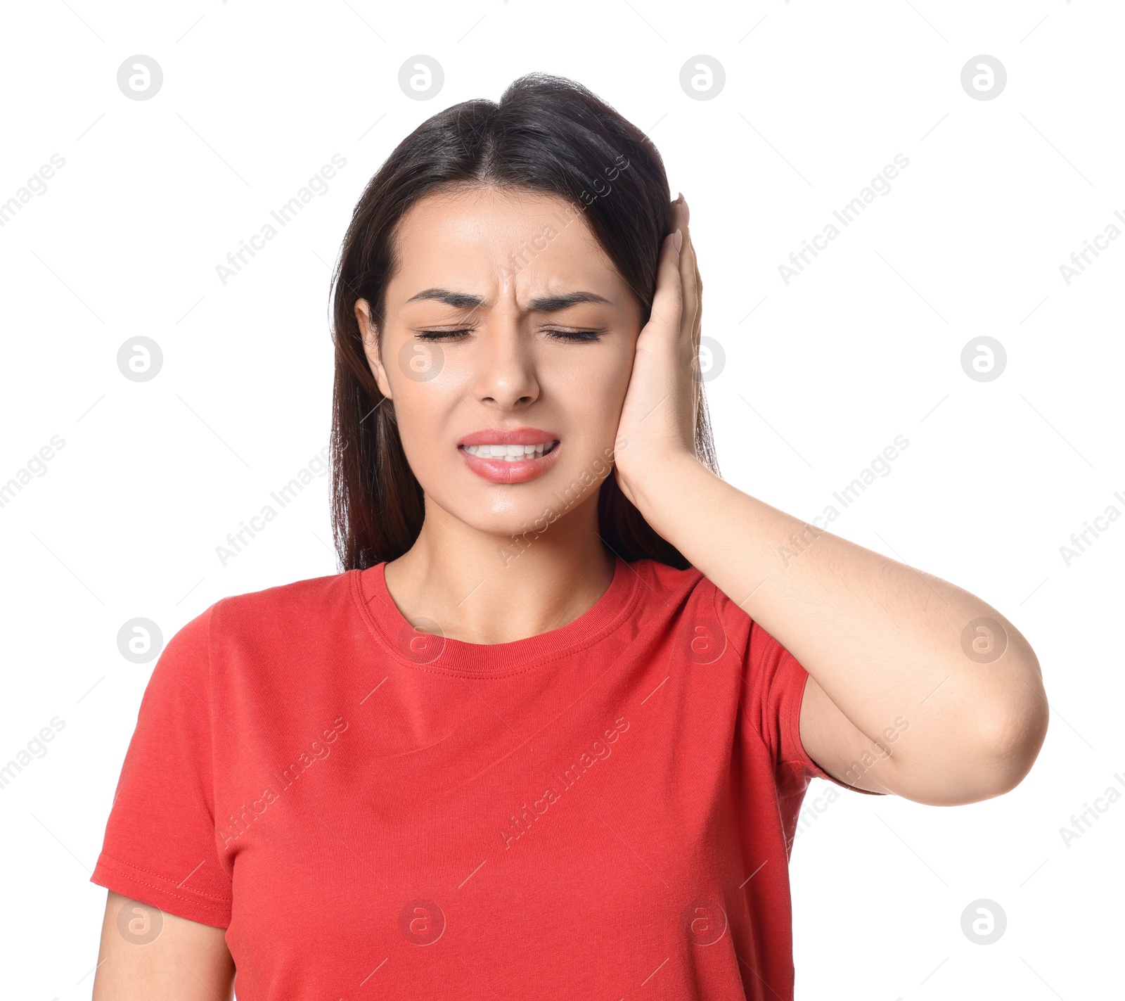 Photo of Young woman suffering from ear pain on white background