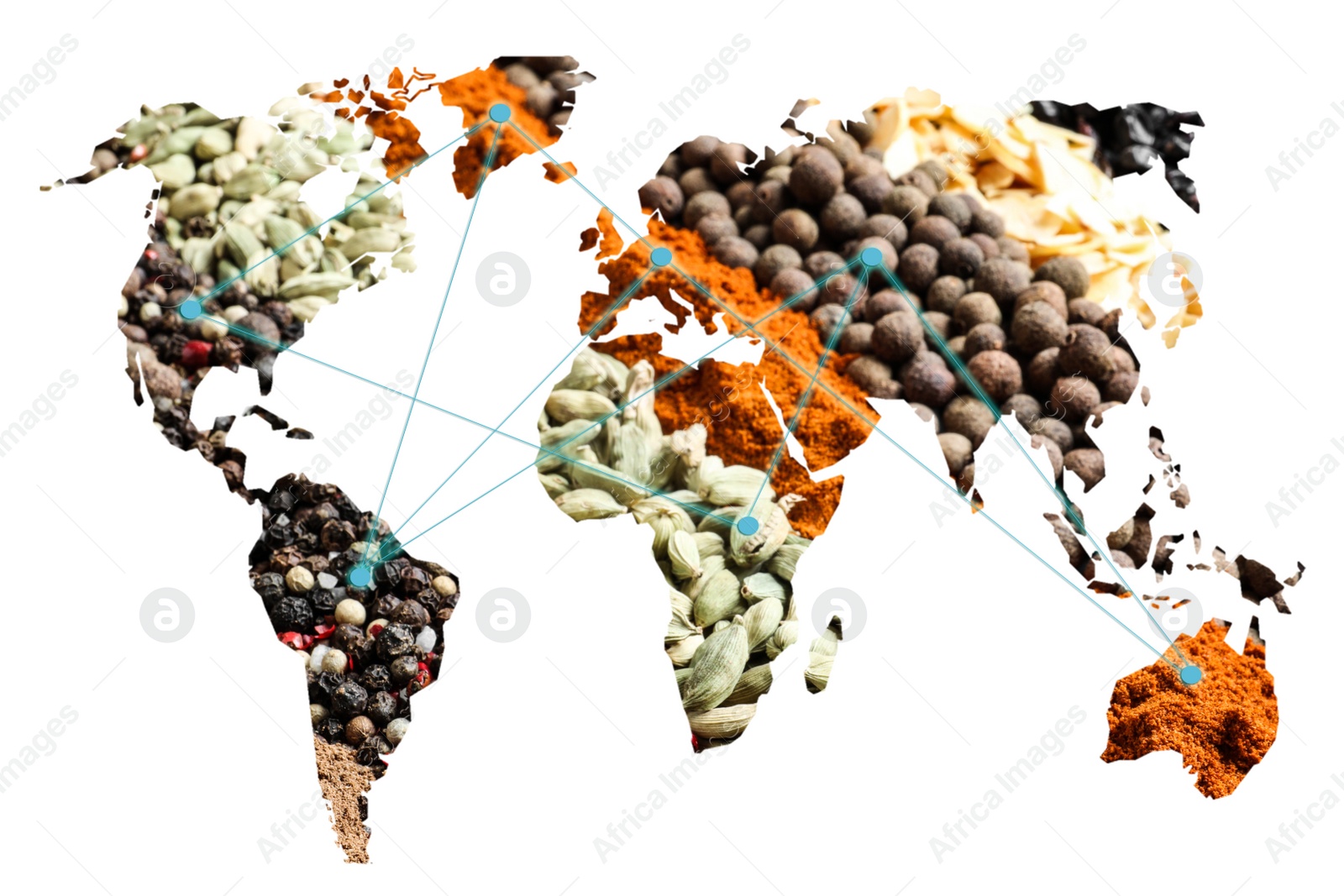 Image of Double exposure of world map and different spices on white background. Logistic and wholesale concept